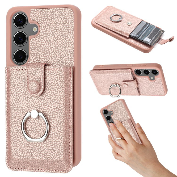 For Samsung Galaxy S24+ Case Drawing Type Card Slots Litchi Texture Leather Back Cover with Ring Kickstand - Rose Gold
