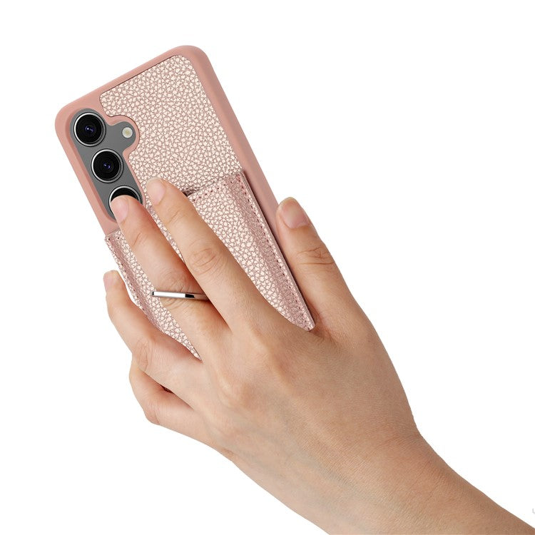 For Samsung Galaxy S24+ Case Drawing Type Card Slots Litchi Texture Leather Back Cover with Ring Kickstand - Rose Gold