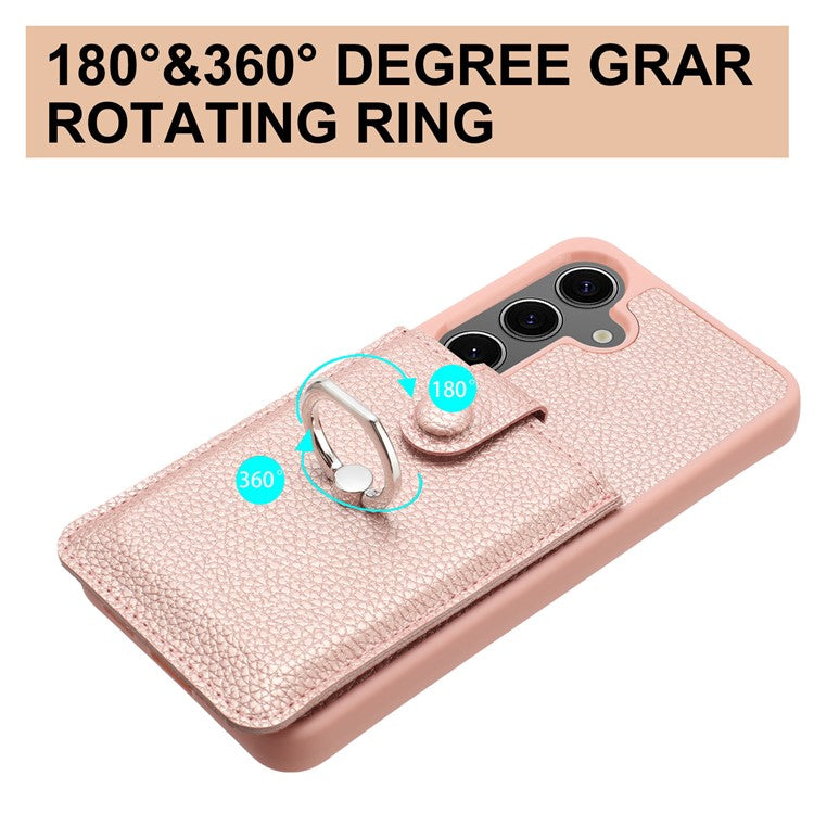 For Samsung Galaxy S24+ Case Drawing Type Card Slots Litchi Texture Leather Back Cover with Ring Kickstand - Rose Gold