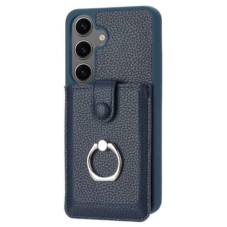 For Samsung Galaxy S24+ Case Drawing Type Card Slots Litchi Texture Leather Back Cover with Ring Kickstand - Blue