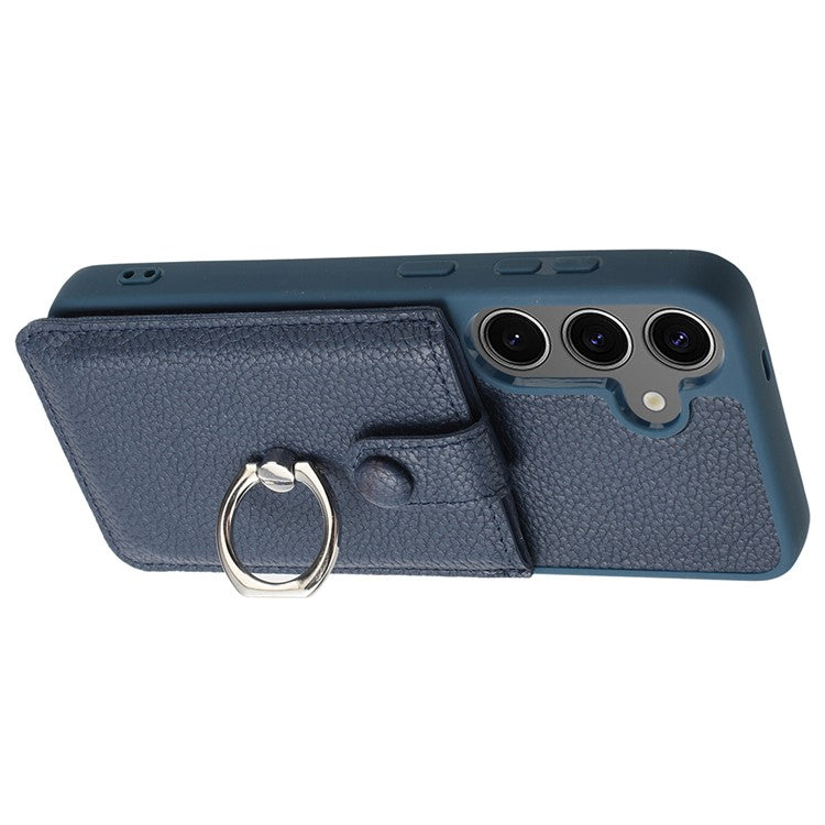 For Samsung Galaxy S24+ Case Drawing Type Card Slots Litchi Texture Leather Back Cover with Ring Kickstand - Blue