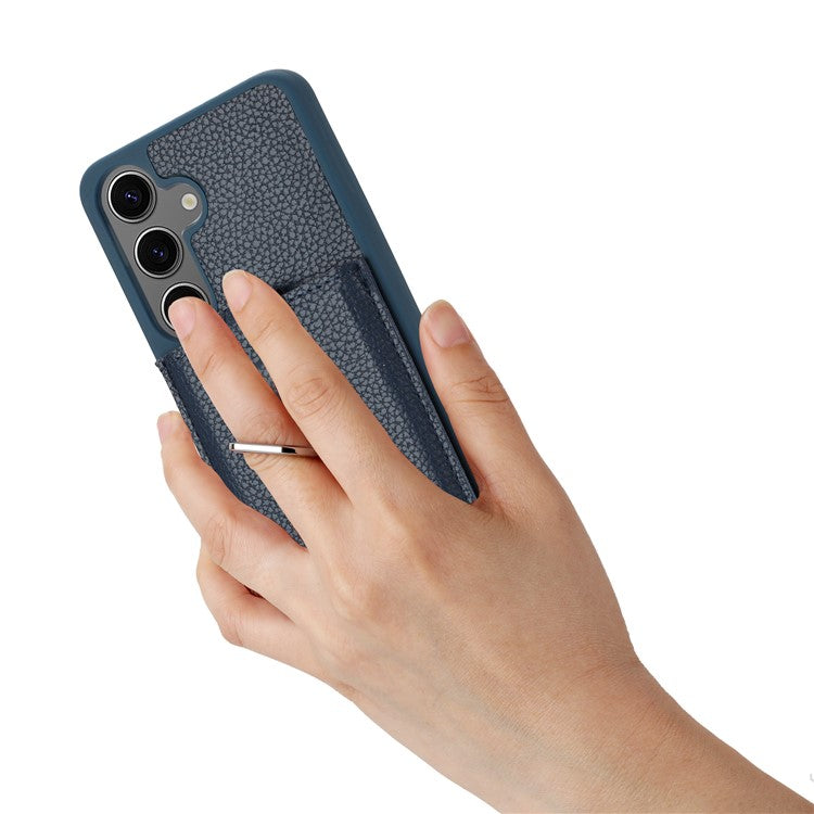 For Samsung Galaxy S24+ Case Drawing Type Card Slots Litchi Texture Leather Back Cover with Ring Kickstand - Blue