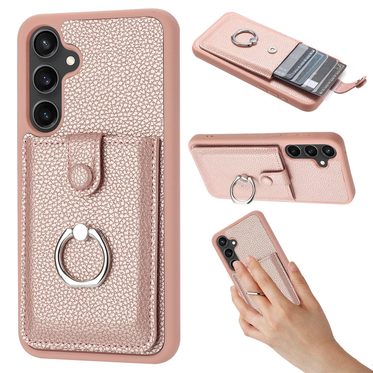 For Samsung Galaxy A16 5G / A16 4G Case Drawing Type Card Slots Litchi Texture Leather Back Cover with Ring Kickstand - Rose Gold