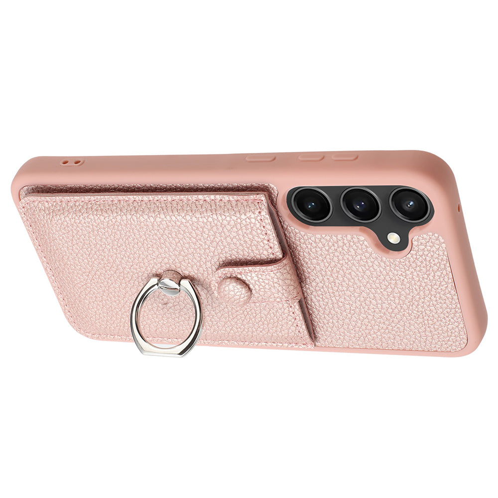 For Samsung Galaxy A16 5G / A16 4G Case Drawing Type Card Slots Litchi Texture Leather Back Cover with Ring Kickstand - Rose Gold