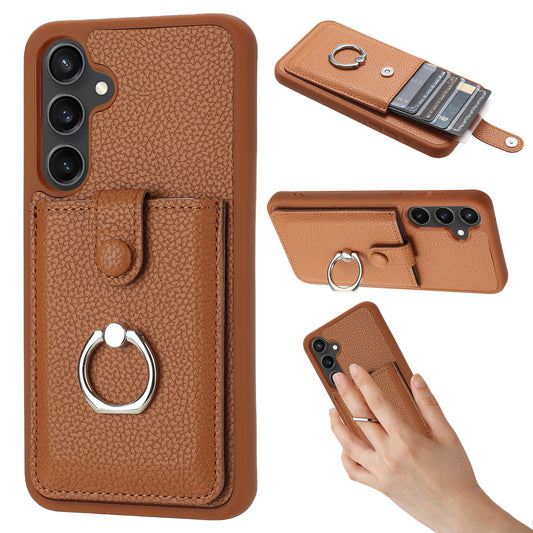 For Samsung Galaxy A16 5G / A16 4G Case Drawing Type Card Slots Litchi Texture Leather Back Cover with Ring Kickstand - Brown