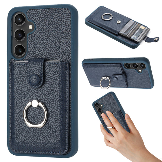 For Samsung Galaxy A16 5G / A16 4G Case Drawing Type Card Slots Litchi Texture Leather Back Cover with Ring Kickstand - Blue