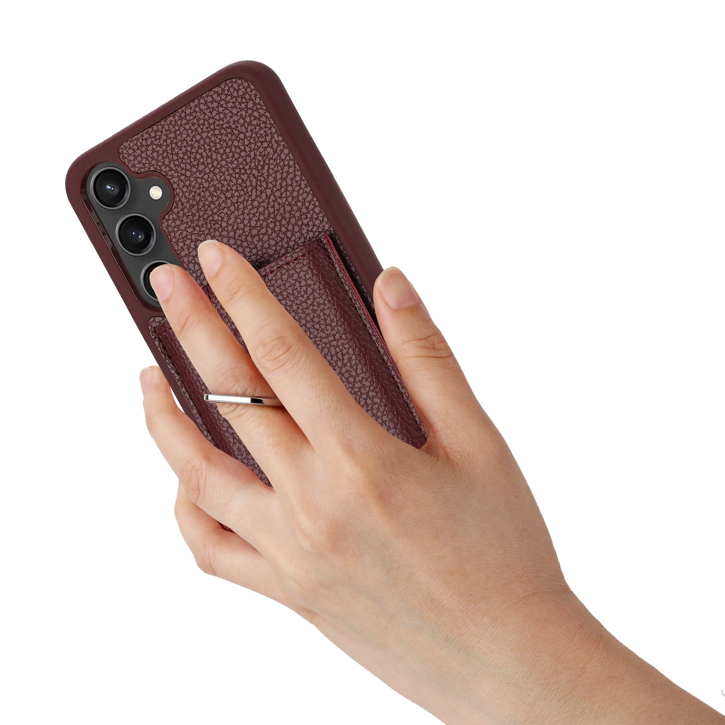 For Samsung Galaxy A16 5G / A16 4G Case Drawing Type Card Slots Litchi Texture Leather Back Cover with Ring Kickstand - Wine Red