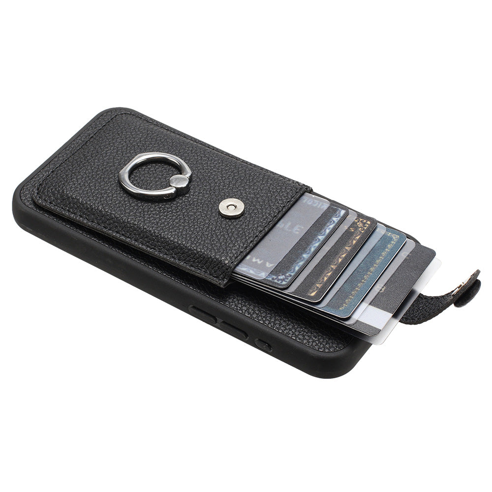 For Samsung Galaxy A16 5G / A16 4G Case Drawing Type Card Slots Litchi Texture Leather Back Cover with Ring Kickstand - Black