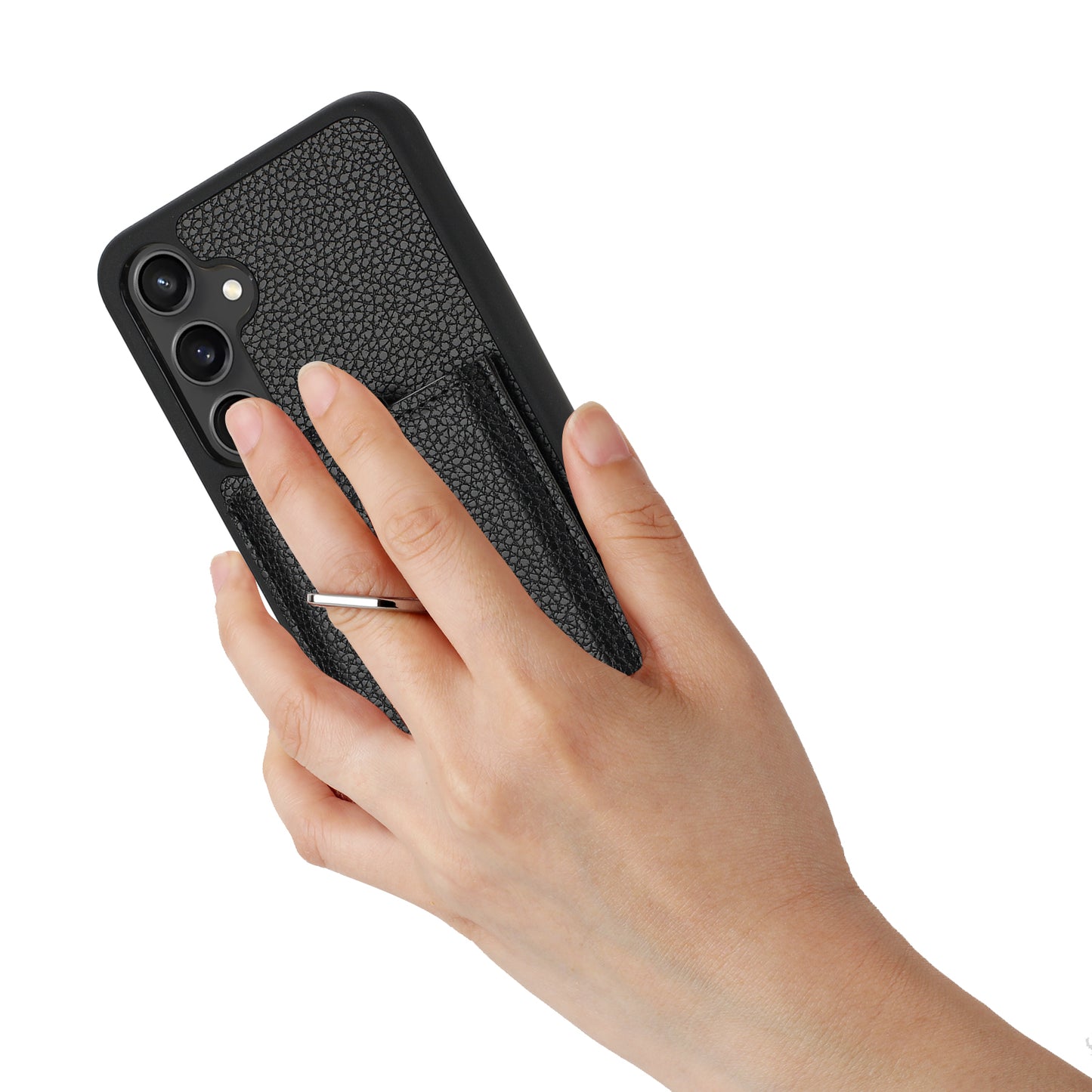 For Samsung Galaxy A16 5G / A16 4G Case Drawing Type Card Slots Litchi Texture Leather Back Cover with Ring Kickstand - Black