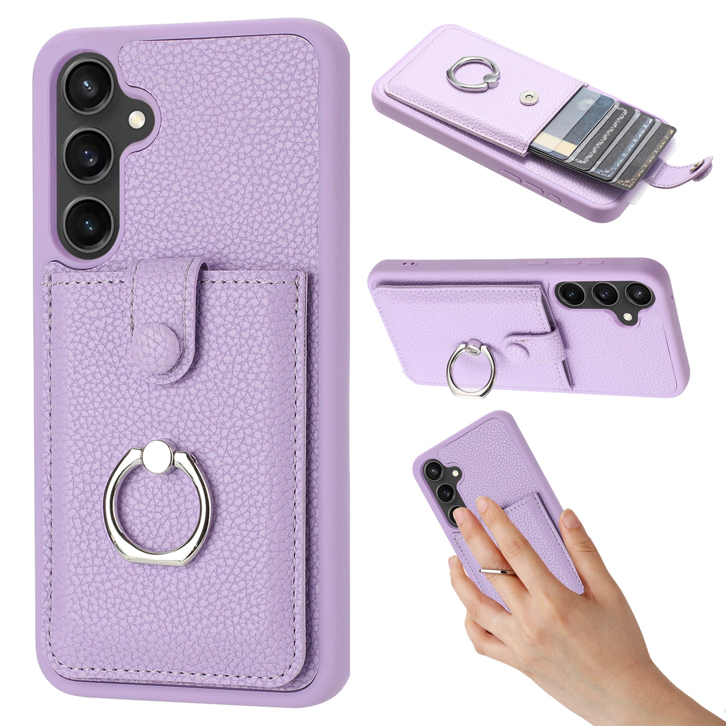 For Samsung Galaxy A16 5G / A16 4G Case Drawing Type Card Slots Litchi Texture Leather Back Cover with Ring Kickstand - Purple