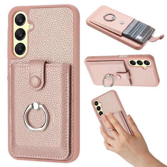 For Samsung Galaxy A25 5G (Global) (161.0 x 76.5 x 8.3mm) Case Drawing Type Card Slots Leather Back Cover with Ring Kickstand - Rose Gold