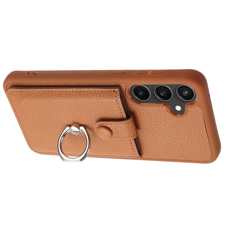 For Samsung Galaxy A54 5G Case Drawing Type Card Slots Litchi Texture Leather Back Cover with Ring Kickstand - Brown