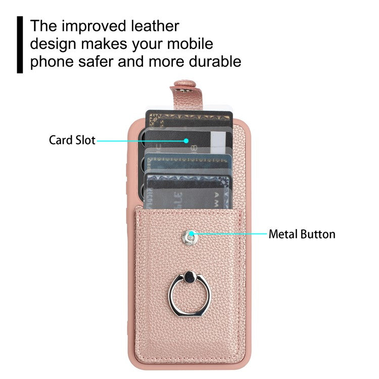 For Samsung Galaxy A54 5G Case Drawing Type Card Slots Litchi Texture Leather Back Cover with Ring Kickstand - Brown