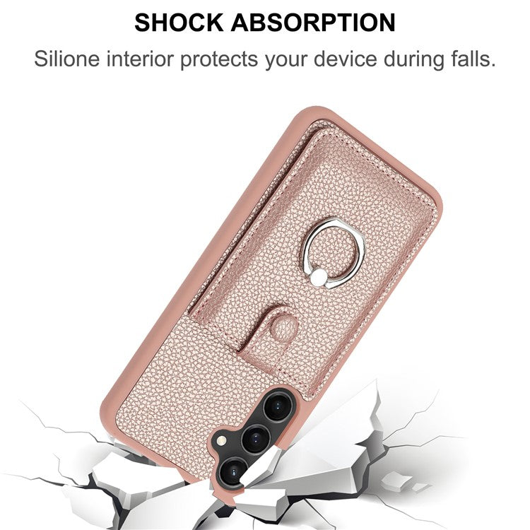 For Samsung Galaxy A54 5G Case Drawing Type Card Slots Litchi Texture Leather Back Cover with Ring Kickstand - Brown