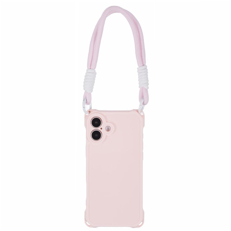 For iPhone 16 Case Reinforced Corner Shockproof TPU Phone Cover with Wrist Strap - Pink