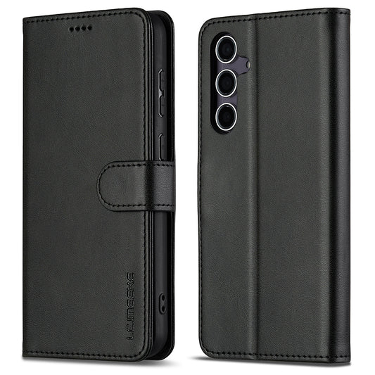 LC.IMEEKE For Samsung Galaxy A16 5G / A16 4G Case Calf Texture PU Leather Stand Wallet Phone Cover - Black
