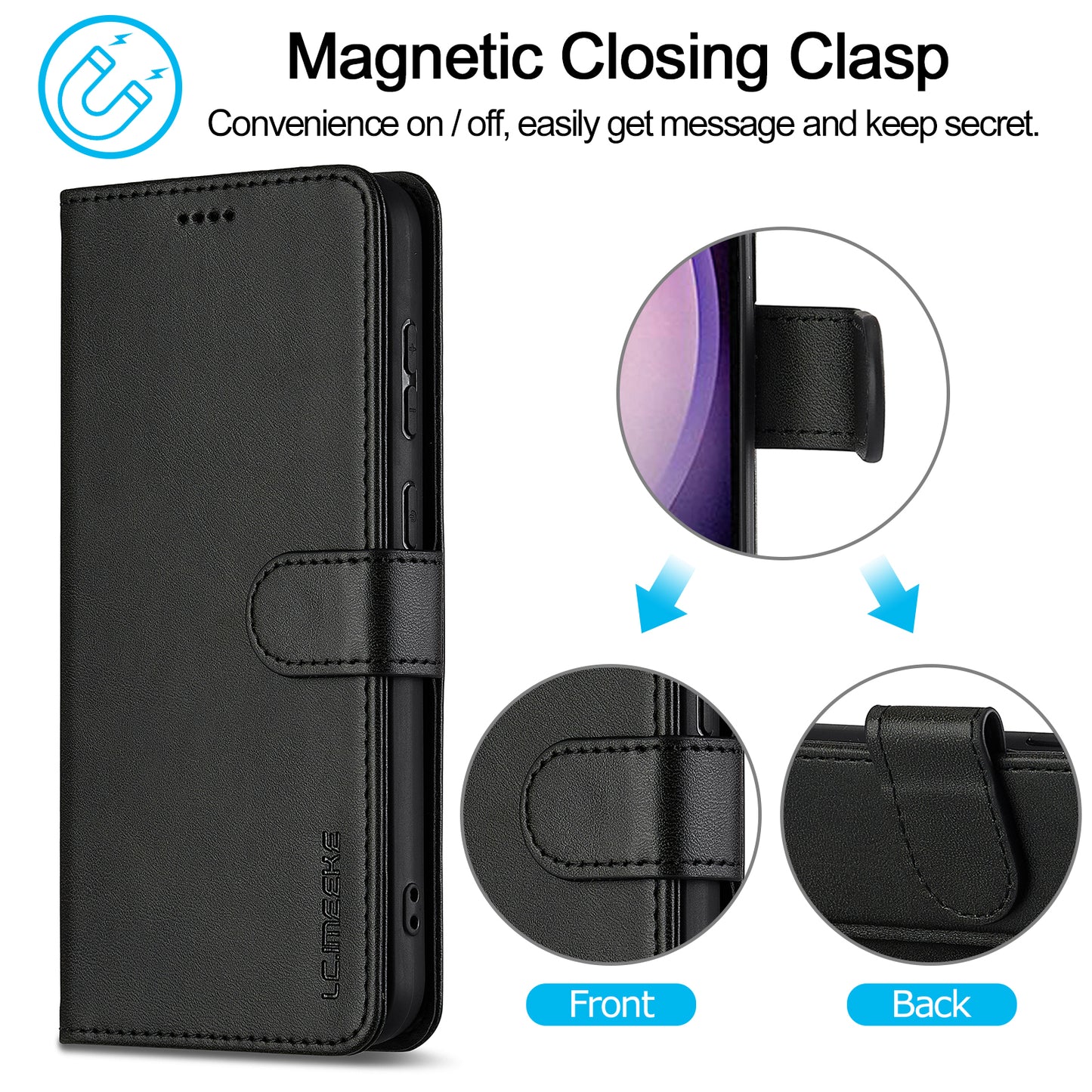 LC.IMEEKE For Samsung Galaxy A16 5G / A16 4G Case Calf Texture PU Leather Stand Wallet Phone Cover - Black