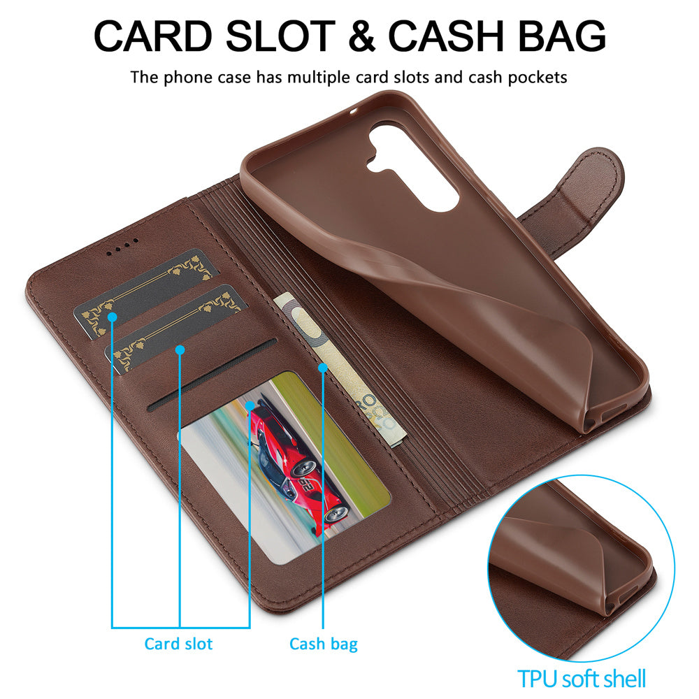 LC.IMEEKE For Samsung Galaxy A16 5G / A16 4G Case Calf Texture PU Leather Stand Wallet Phone Cover - Brown