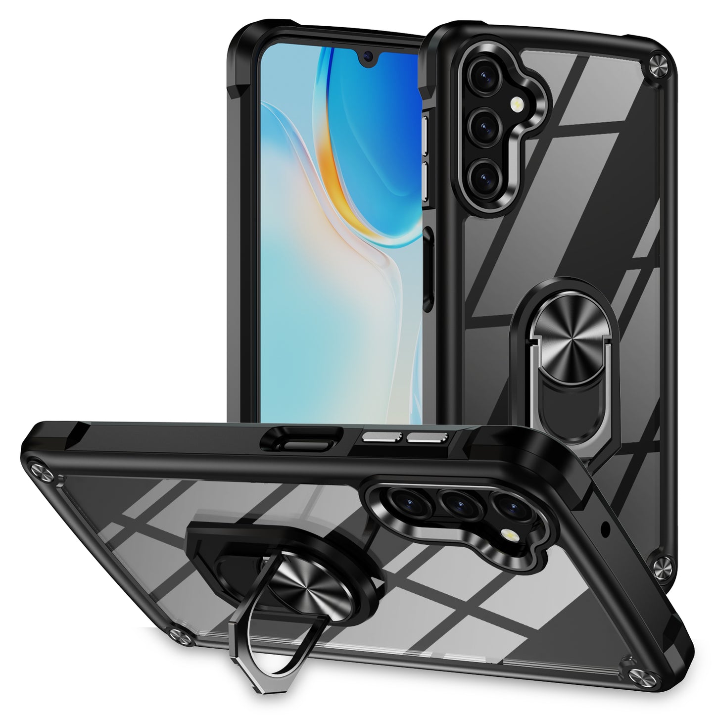 For Samsung Galaxy A16 5G / A16 4G Case Alloy Lens Frame PC + TPU Kickstand Phone Back Cover - Black