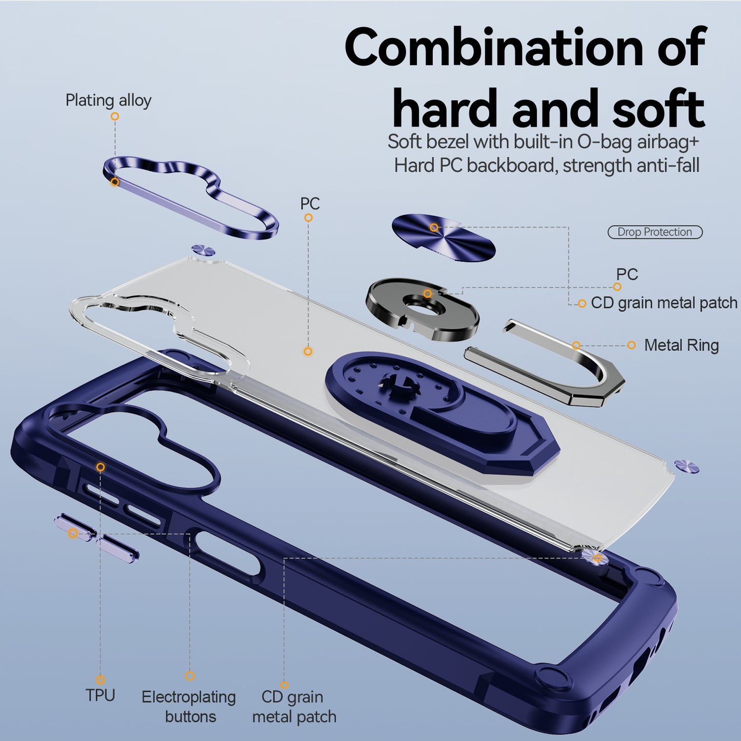 For Samsung Galaxy A16 5G / A16 4G Case Alloy Lens Frame PC + TPU Kickstand Phone Back Cover - Blue