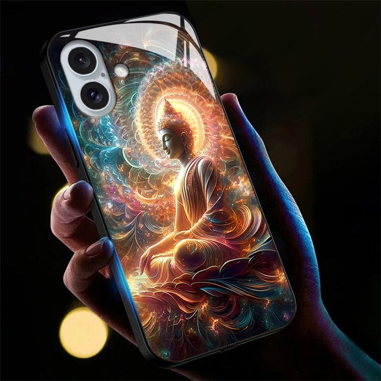 For iPhone 16 Case Call Flash Series Pattern Printing Tempered Glass + TPU Combo Phone Case - Colorful Buddha