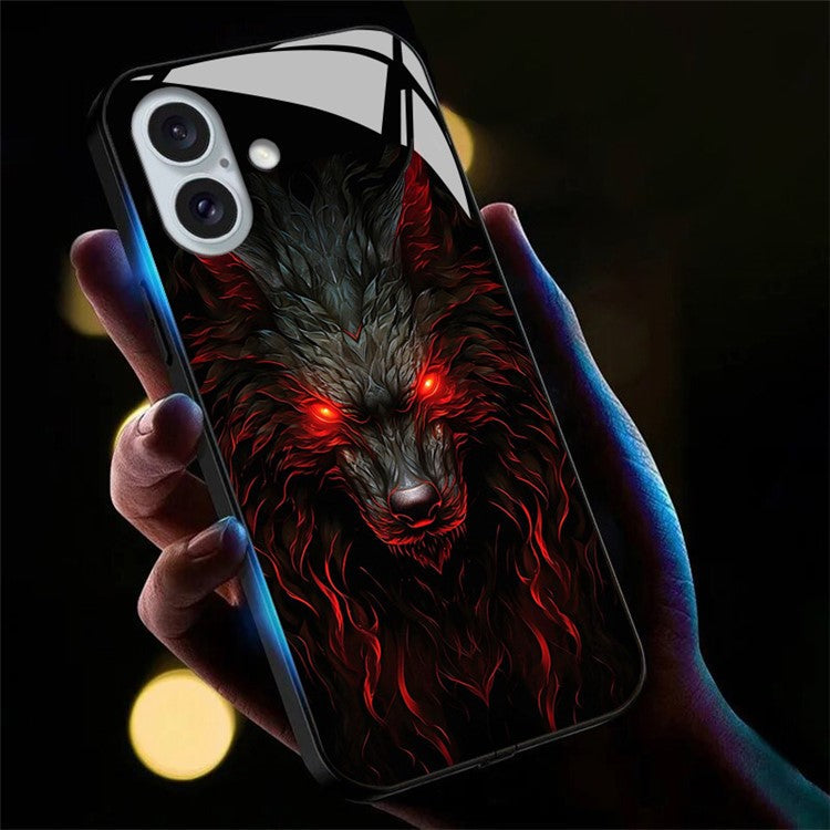For iPhone 16 Plus Case Call Flash Series Pattern Printing Tempered Glass + TPU Combo Phone Case - Red Eyed Wolf