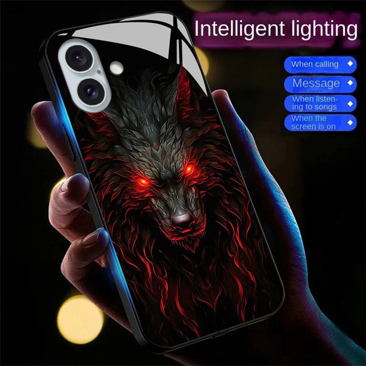 For iPhone 16 Plus Case Call Flash Series Pattern Printing Tempered Glass + TPU Combo Phone Case - Red Eyed Wolf