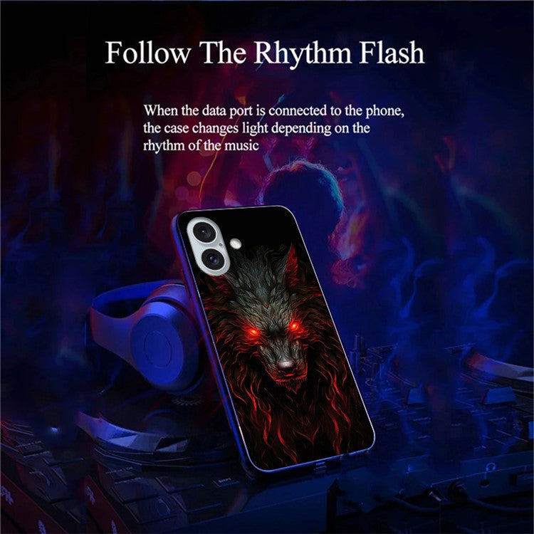 For iPhone 16 Plus Case Call Flash Series Pattern Printing Tempered Glass + TPU Combo Phone Case - Red Eyed Wolf