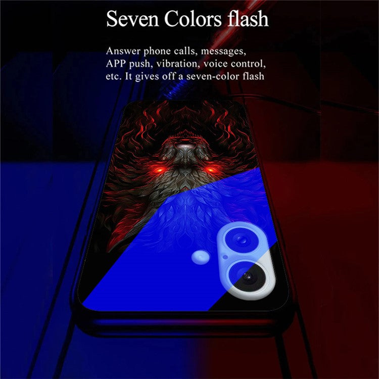 For iPhone 16 Plus Case Call Flash Series Pattern Printing Tempered Glass + TPU Combo Phone Case - Red Eyed Wolf