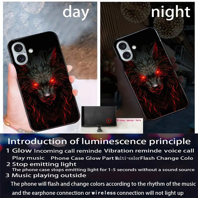 For iPhone 16 Plus Case Call Flash Series Pattern Printing Tempered Glass + TPU Combo Phone Case - Red Eyed Wolf