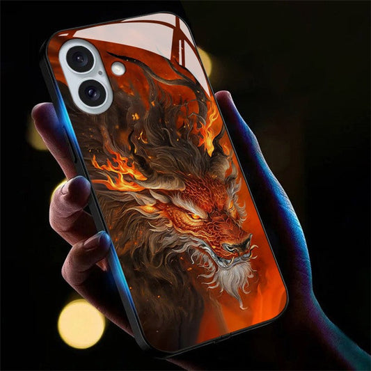 For iPhone 16 Plus Case Call Flash Series Pattern Printing Tempered Glass + TPU Combo Phone Case - Red Fire Dragon