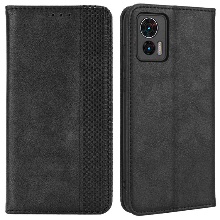 For Motorola Edge 30 Neo 5G Magnetic Auto Closing Retro PU Leather Wallet Case Imprint Pattern Phone Stand Protective Cover - Black