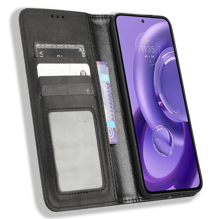 For Motorola Edge 30 Neo 5G Magnetic Auto Closing Retro PU Leather Wallet Case Imprint Pattern Phone Stand Protective Cover - Black