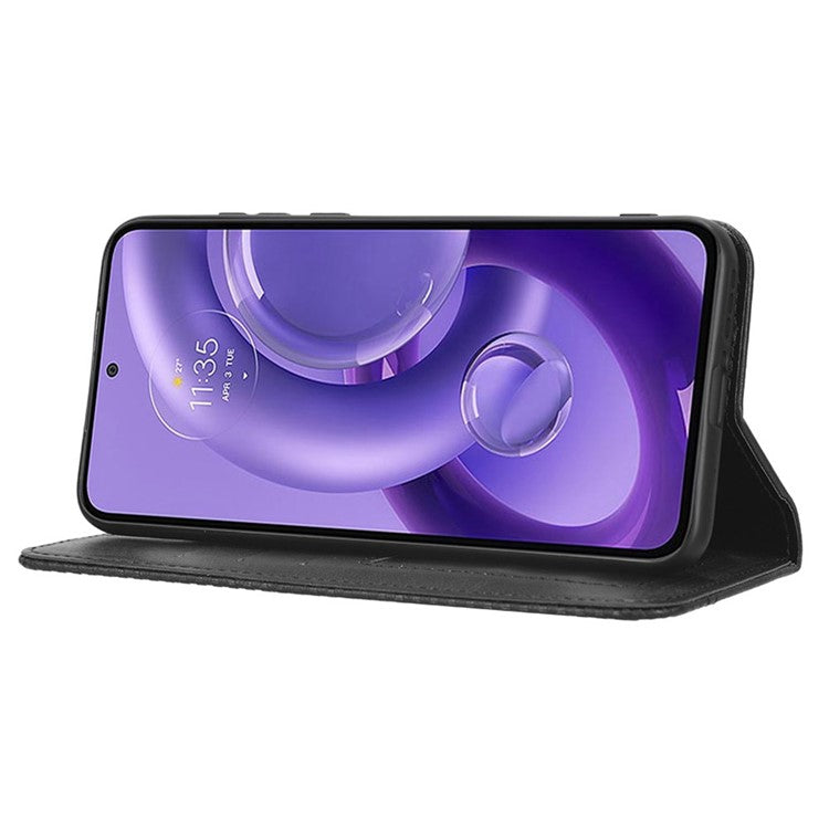 For Motorola Edge 30 Neo 5G Magnetic Auto Closing Retro PU Leather Wallet Case Imprint Pattern Phone Stand Protective Cover - Black