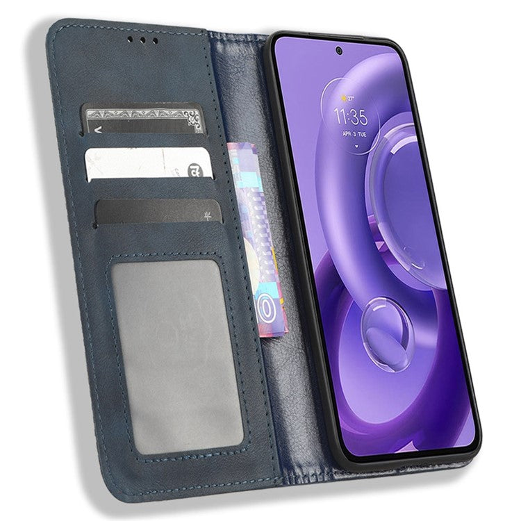 For Motorola Edge 30 Neo 5G Magnetic Auto Closing Retro PU Leather Wallet Case Imprint Pattern Phone Stand Protective Cover - Blue