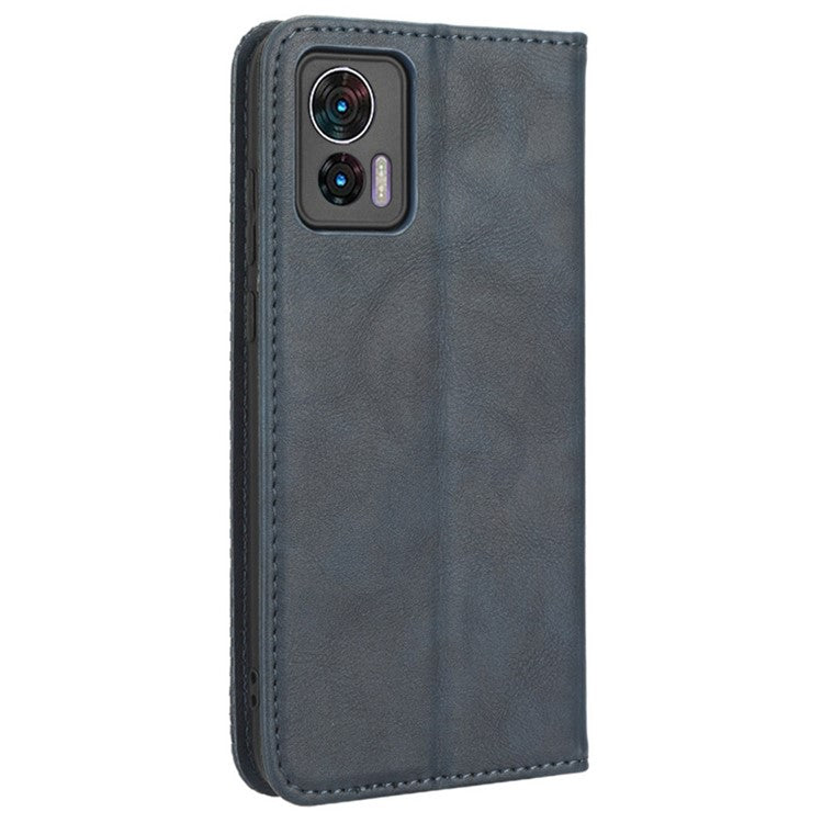 For Motorola Edge 30 Neo 5G Magnetic Auto Closing Retro PU Leather Wallet Case Imprint Pattern Phone Stand Protective Cover - Blue