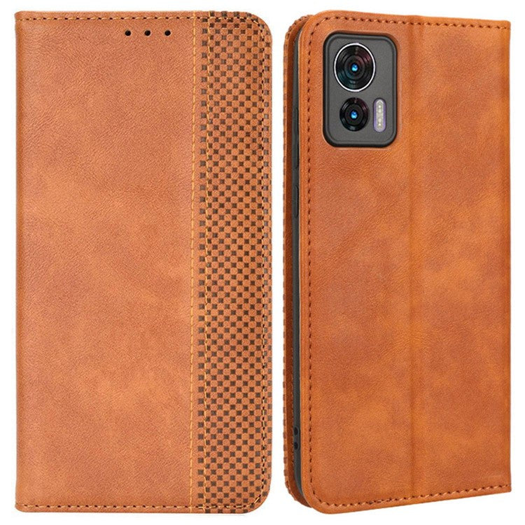 For Motorola Edge 30 Neo 5G Magnetic Auto Closing Retro PU Leather Wallet Case Imprint Pattern Phone Stand Protective Cover - Brown