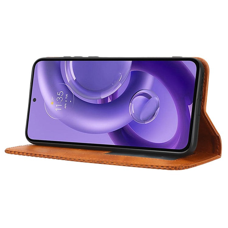 For Motorola Edge 30 Neo 5G Magnetic Auto Closing Retro PU Leather Wallet Case Imprint Pattern Phone Stand Protective Cover - Brown