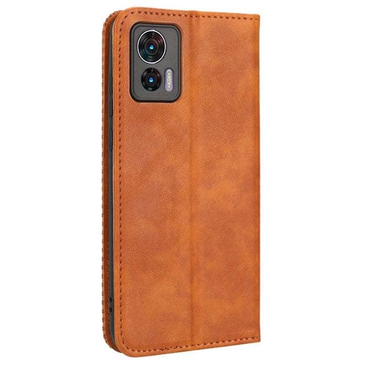 For Motorola Edge 30 Neo 5G Magnetic Auto Closing Retro PU Leather Wallet Case Imprint Pattern Phone Stand Protective Cover - Brown