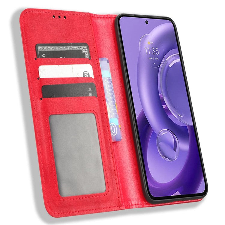 For Motorola Edge 30 Neo 5G Magnetic Auto Closing Retro PU Leather Wallet Case Imprint Pattern Phone Stand Protective Cover - Red