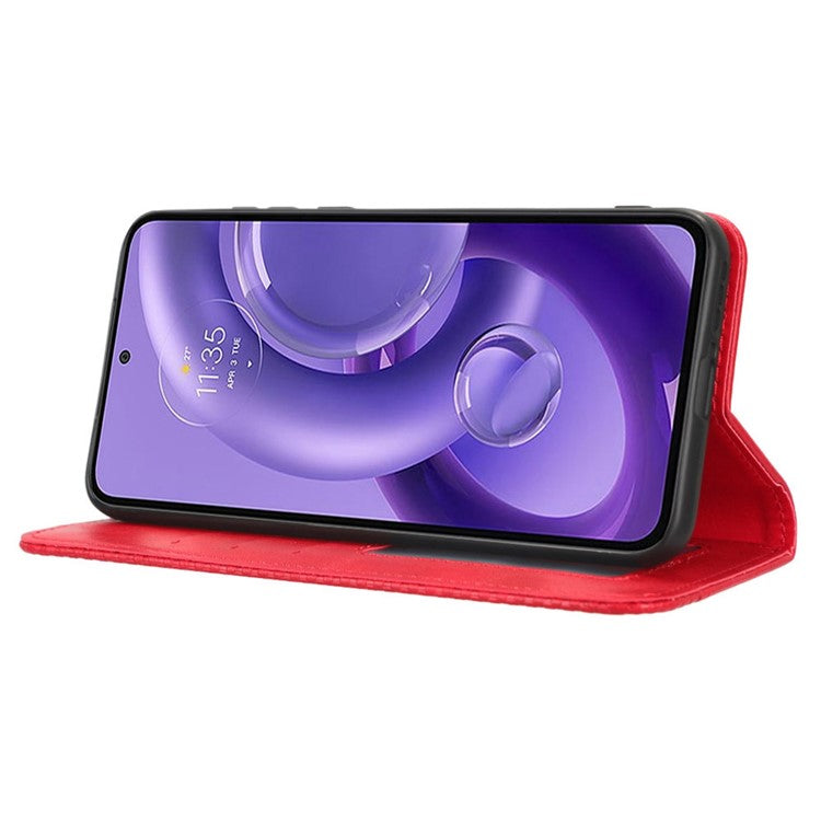 For Motorola Edge 30 Neo 5G Magnetic Auto Closing Retro PU Leather Wallet Case Imprint Pattern Phone Stand Protective Cover - Red