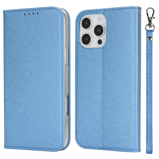 For iPhone 16 Pro Case PU Leather Silk Texture Magnetic Flip Phone Cover - Blue