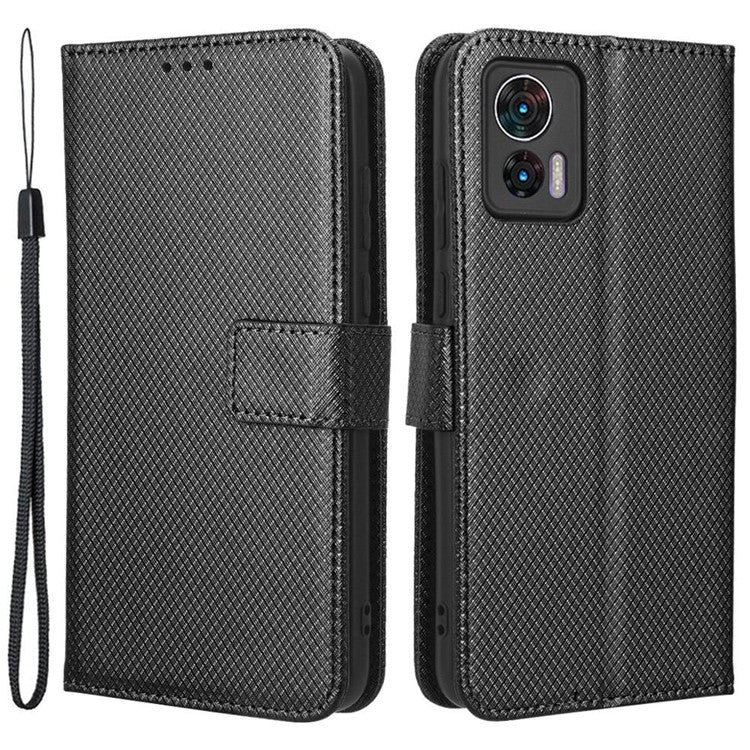 For Motorola Edge 30 Neo 5G / Edge 30 Lite 5G Diamond Texture Book Style Phone Wallet Cover PU Leather Stand Case - Black