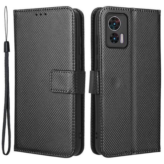 For Motorola Edge 30 Neo 5G / Edge 30 Lite 5G Diamond Texture Book Style Phone Wallet Cover PU Leather Stand Case - Black