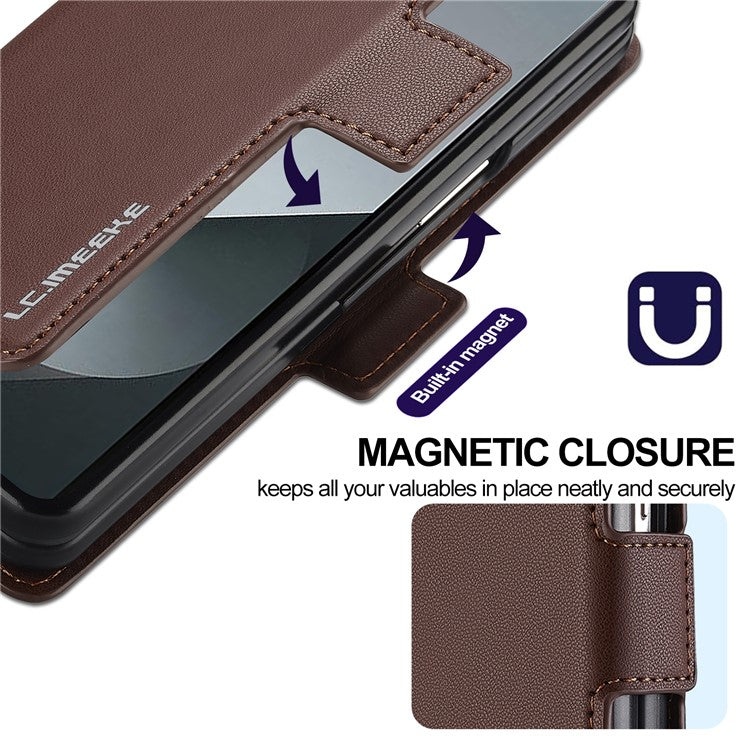 LC.IMEEKE L1 For Samsung Galaxy Z Fold6 5G Stand Case Texture PU Leather Wallet Phone Cover - Brown