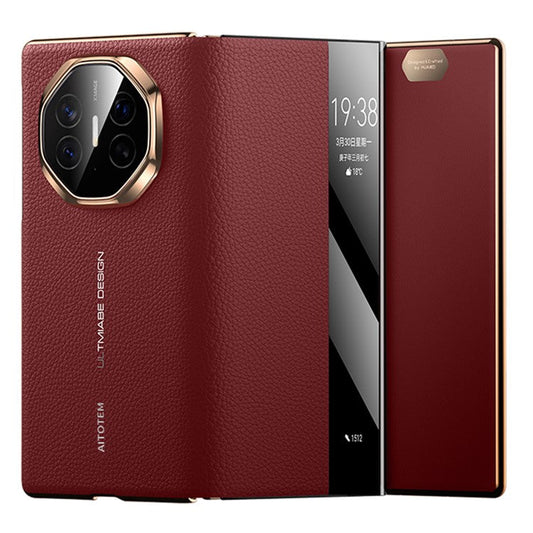 For Huawei Mate XT Ultimate Case View Window Genuine Cow Leather+PC Electroplating Phone Cover - Gold+Red