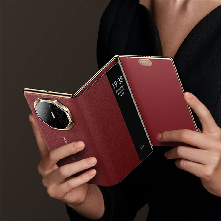 For Huawei Mate XT Ultimate Case View Window Genuine Cow Leather+PC Electroplating Phone Cover - Gold+Red