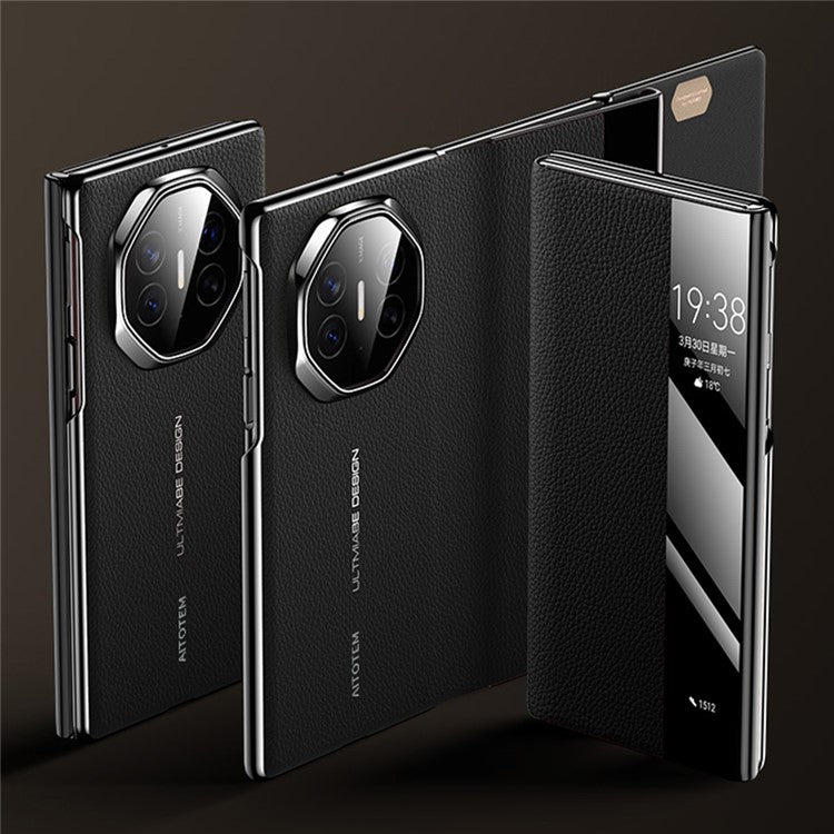 For Huawei Mate XT Ultimate Case View Window Genuine Cow Leather+PC Electroplating Phone Cover - Black