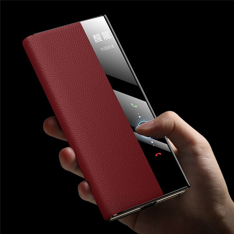 For Huawei Mate XT Ultimate Case View Window Genuine Cow Leather+PC Electroplating Phone Cover - Black