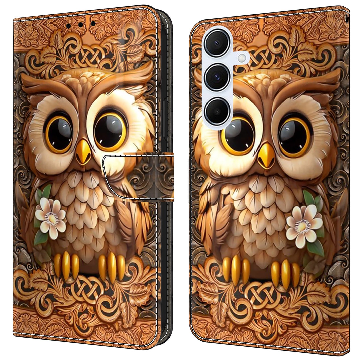 For Samsung Galaxy A16 5G / A16 4G Case Pattern Printed Protective Cover TPU+PU Leather Flip Phone Case - Red Owl